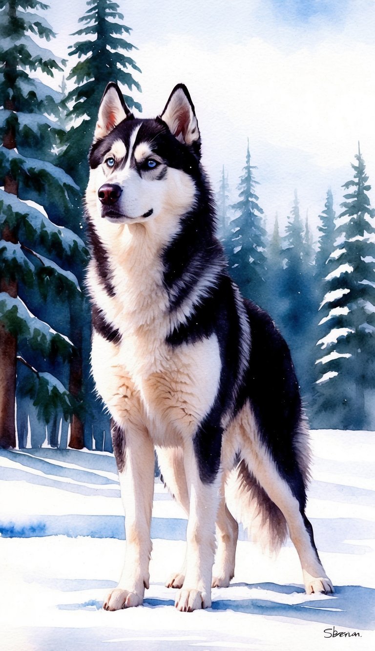 A Siberian Husky standing proudly in a snowy forest, gazing into the distance with a determined and independent expression