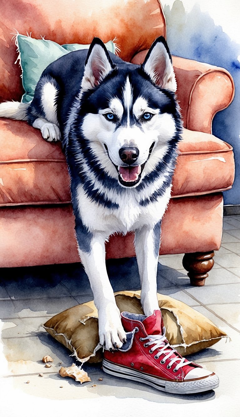 A mischievous Siberian Husky pulls a chewed-up shoe from under the couch, while a torn pillow lies in the background