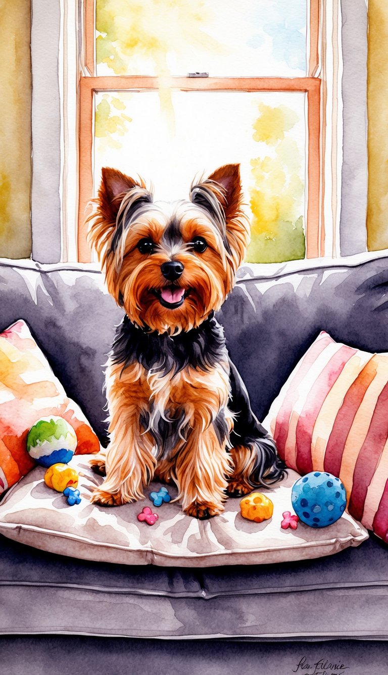 A Yorkie sits on a cozy couch, surrounded by toys and treats. The sun shines through a window, casting a warm glow on the happy pup