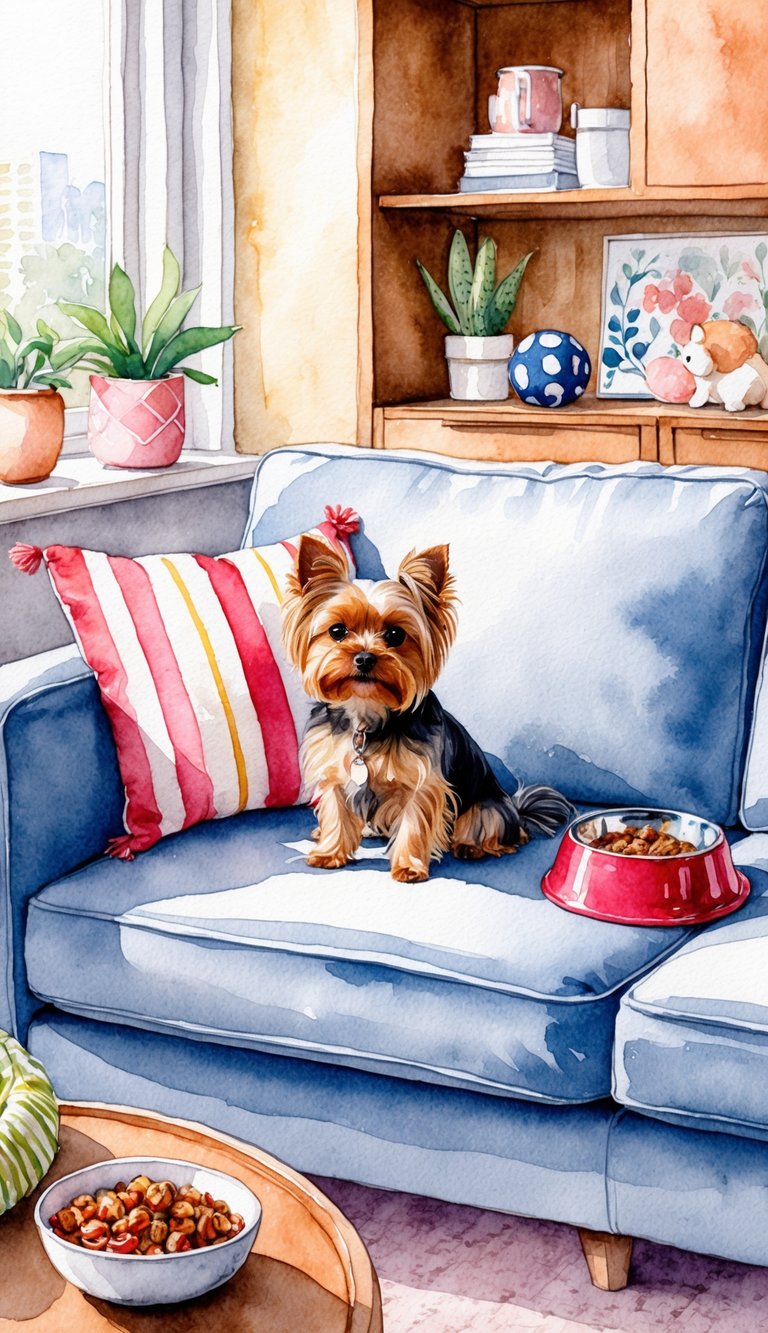 A cozy apartment with a small Yorkie sitting on a comfortable couch, surrounded by toys and a food bowl