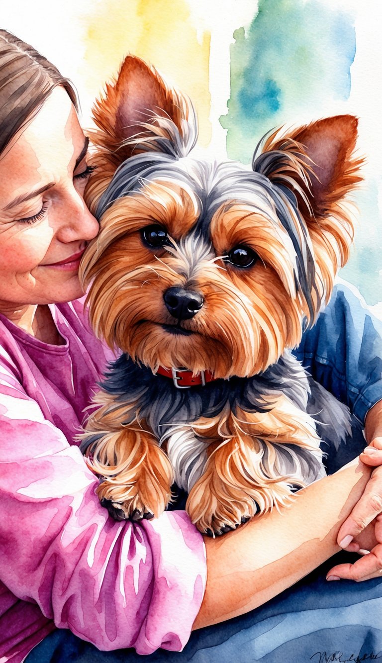 A Yorkie snuggles close to its owner, wagging its tail with a loving gaze