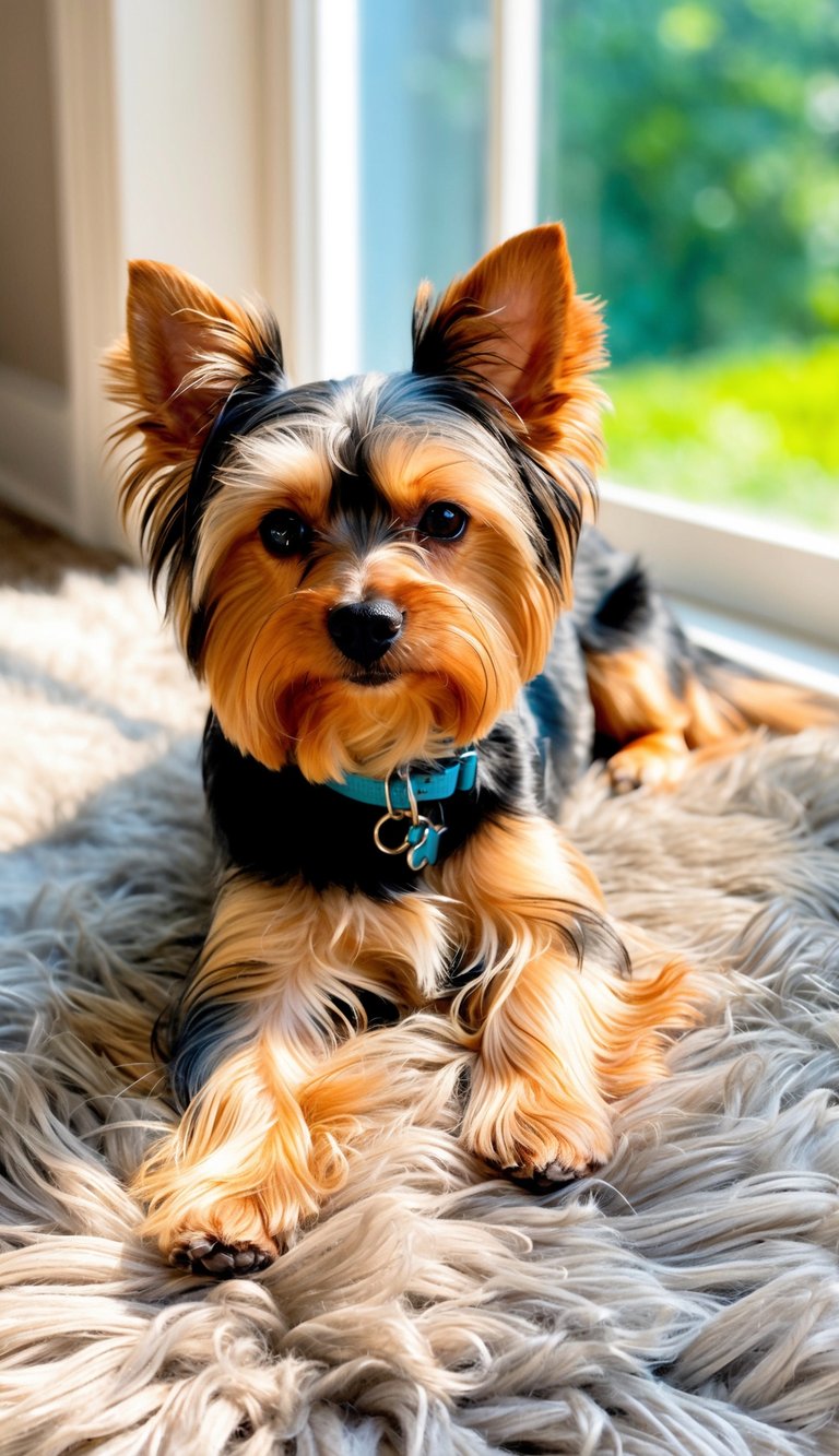 A Yorkie lounges on a plush rug, its low-shedding, hypoallergenic coat gleaming in the sunlight streaming through a window