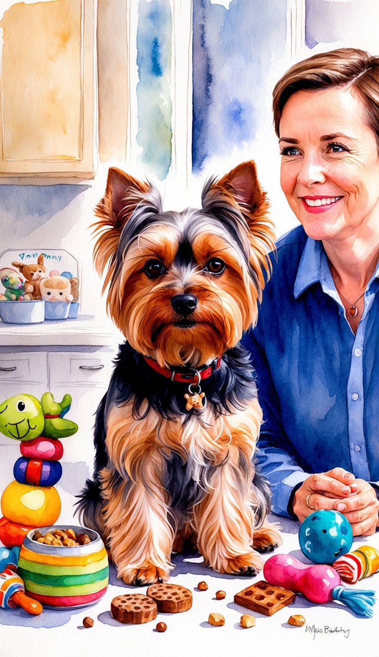 A Yorkie sitting attentively, surrounded by various toys and treats, while its owner looks on with a proud smile