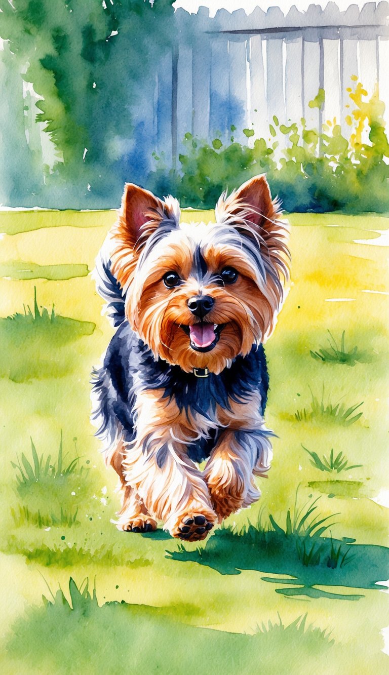A Yorkie running and playing in a sunny, grassy yard, with a happy expression and wagging tail