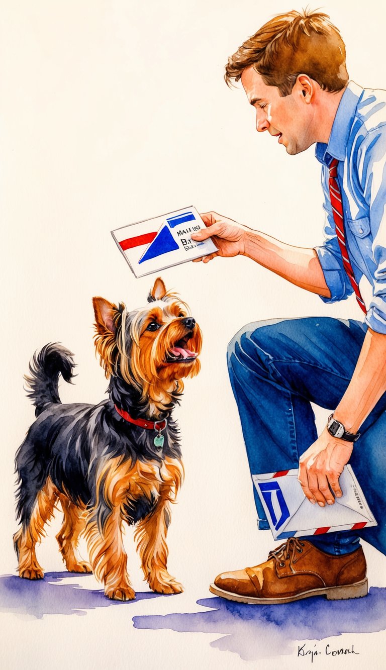 A Yorkie barking loudly at a mail carrier, while a family member tries to calm it down