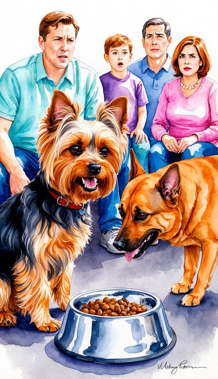 A Yorkie growls at a larger dog near its food bowl, while a family watches anxiously