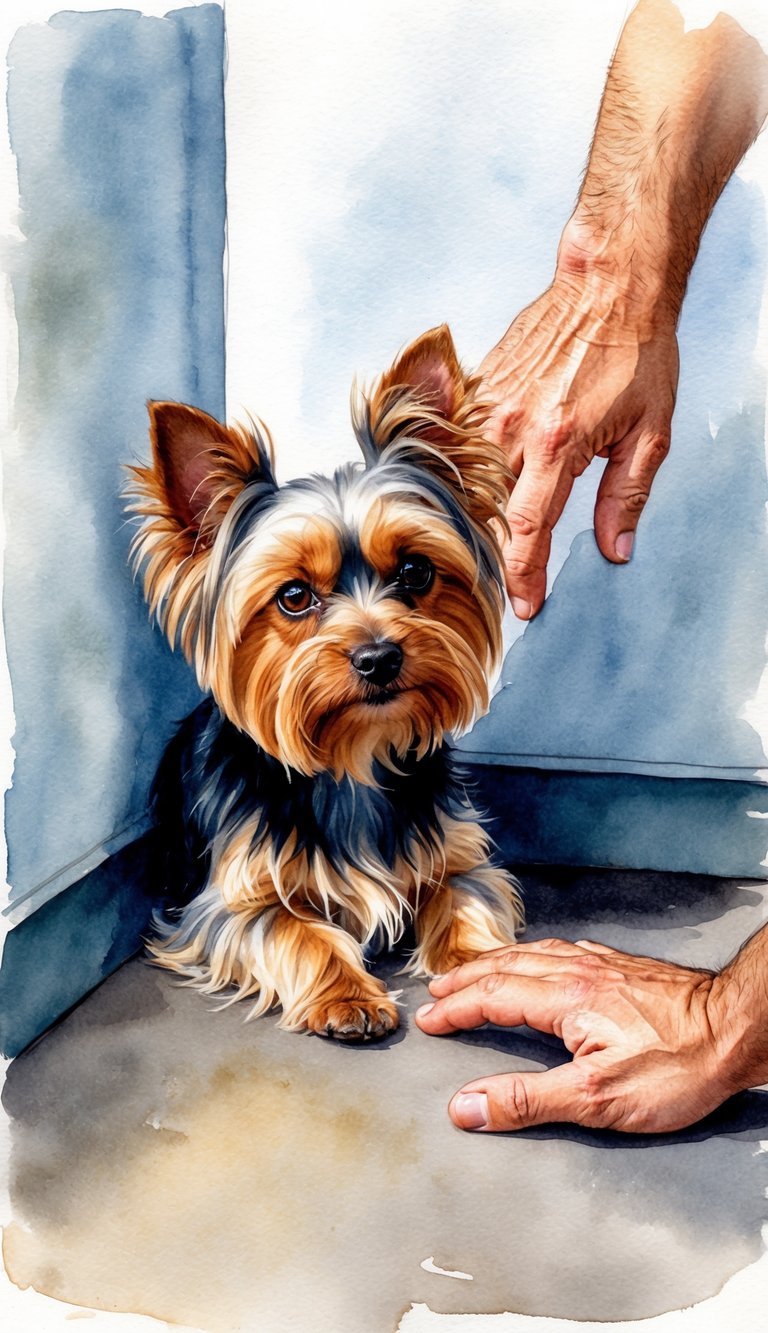 A Yorkie cowers in a corner, ears flattened and eyes wide, as a rough hand reaches towards it