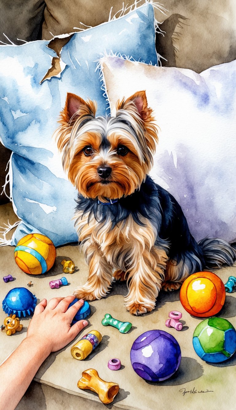 A Yorkie sits next to a torn pillow, surrounded by scattered toys and chewed-up items. A child's hand reaches out to pet the dog, while the Yorkie looks wary