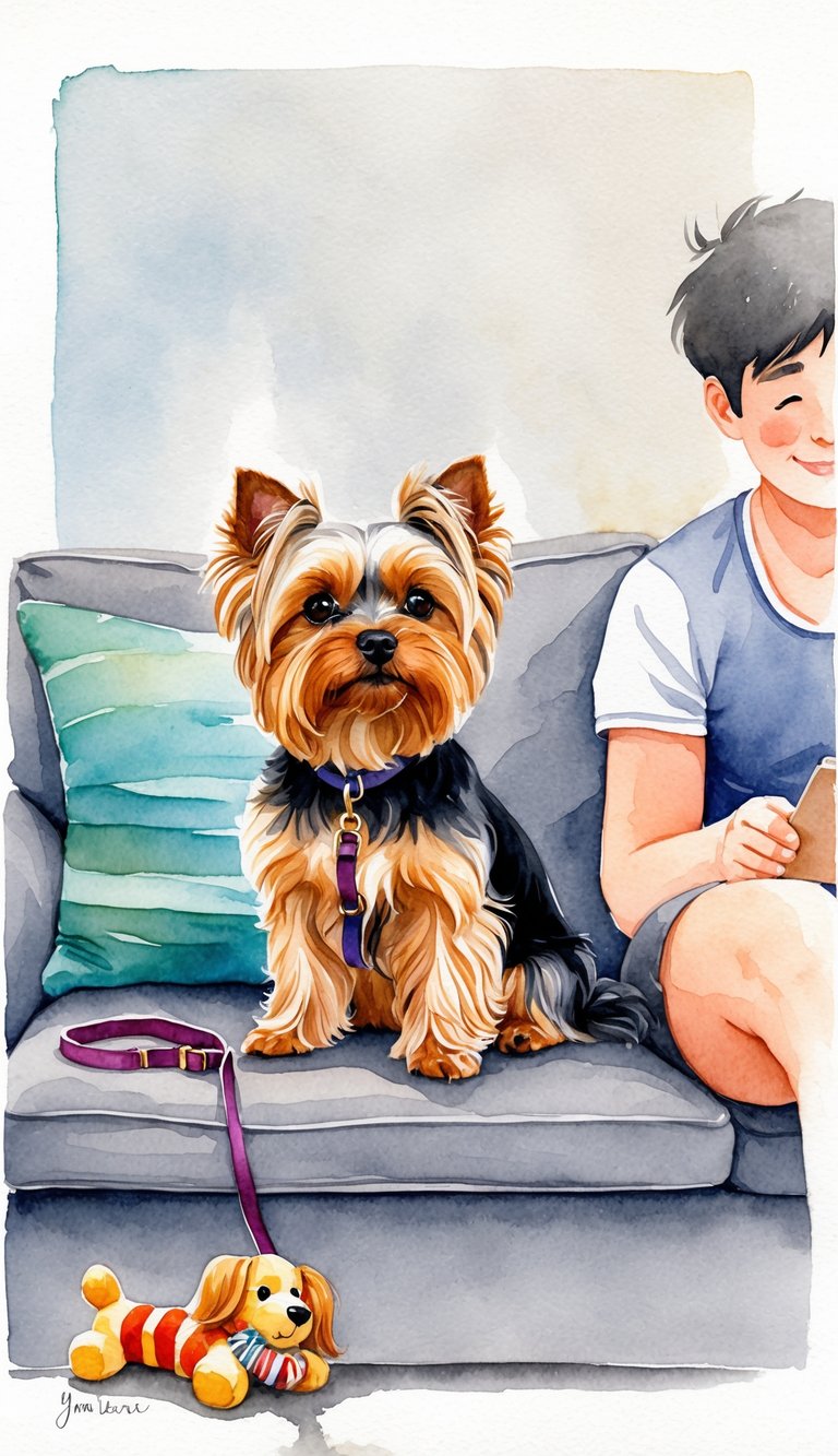 A Yorkie sitting on a cozy couch with a single person, looking up with adoring eyes. A leash and dog toys scattered nearby