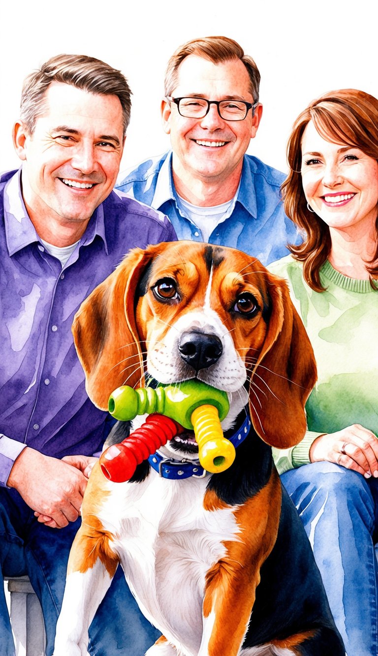 A Beagle eagerly plays with a chew toy while a family watches on, smiling