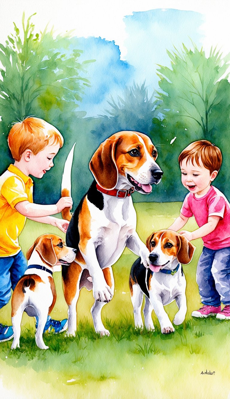 A Beagle playing with children and other dogs in a park