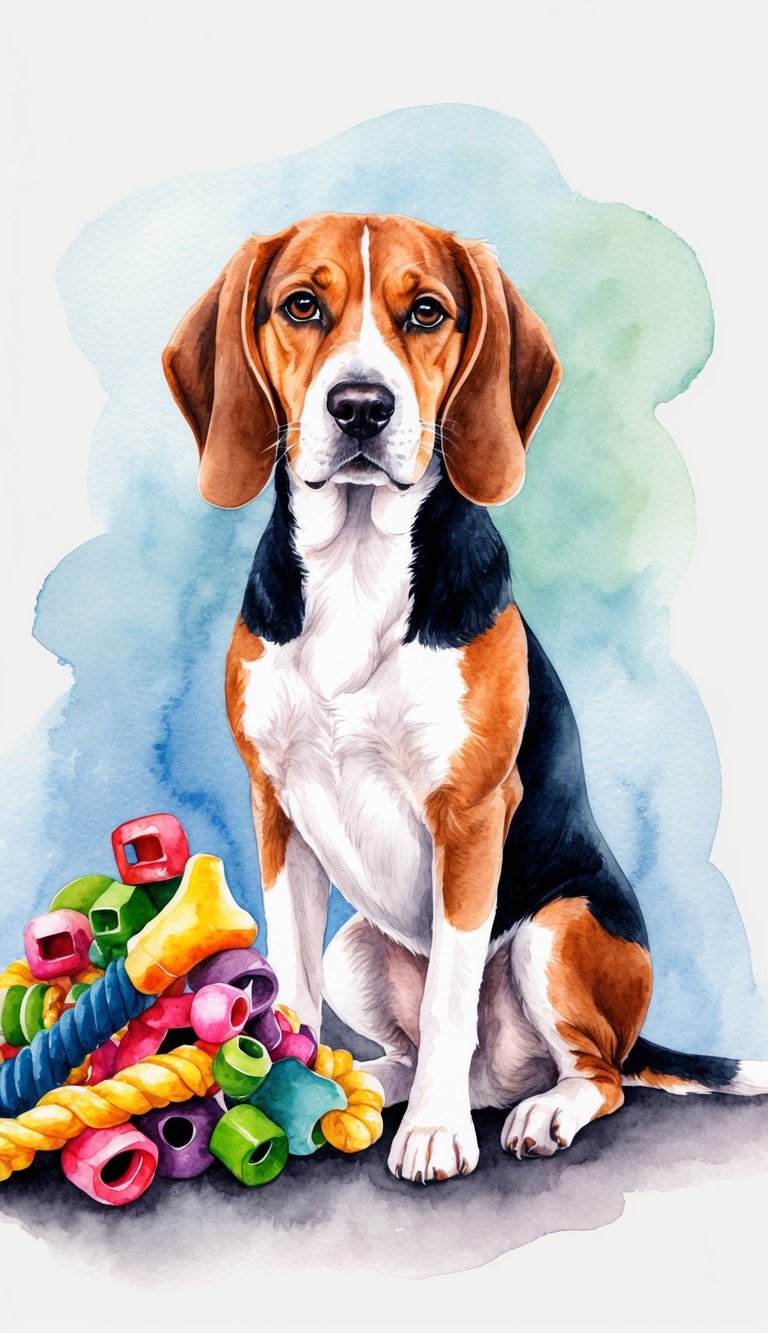 A beagle with soulful eyes and floppy ears sitting next to a pile of chew toys