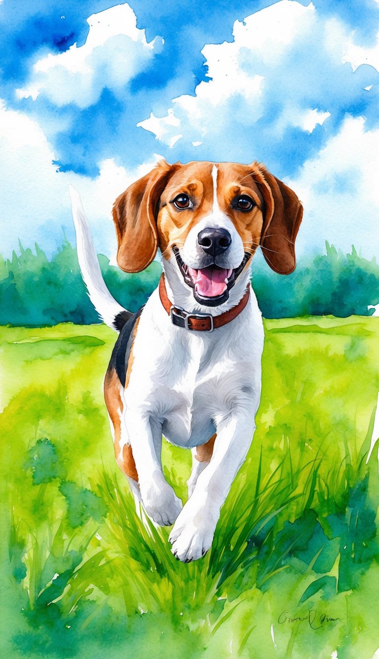 A beagle happily running through a lush green meadow, with a bright blue sky and fluffy white clouds in the background