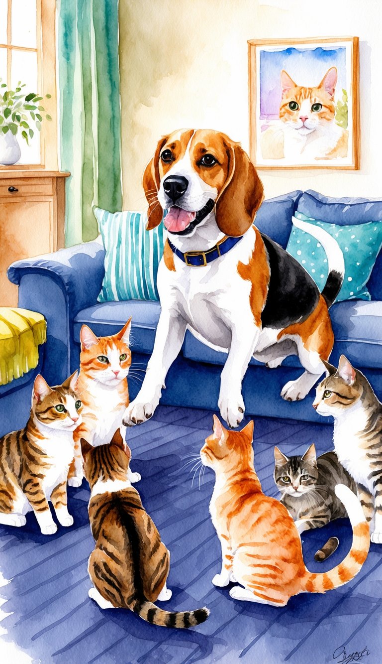 A Beagle happily playing with a group of cats in a cozy living room