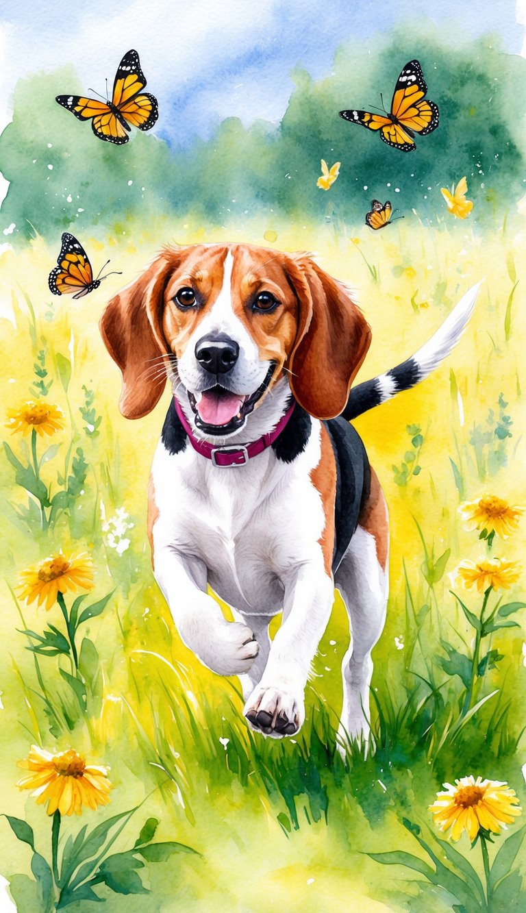 A beagle romps through a sunny meadow, chasing butterflies and wagging its tail. Its floppy ears and friendly expression capture its playful nature