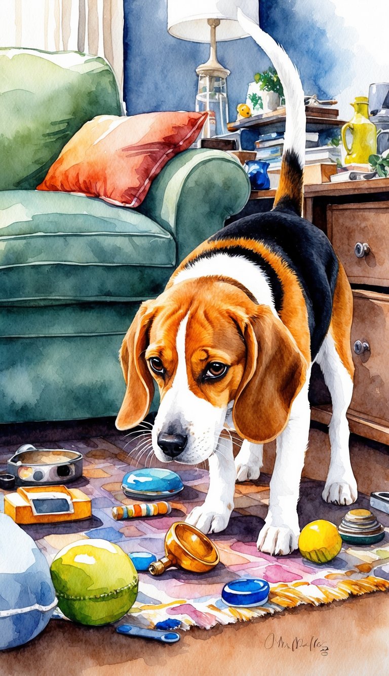 A beagle eagerly sniffs at various objects in a cluttered living room, its tail wagging with curiosity as it explores its surroundings