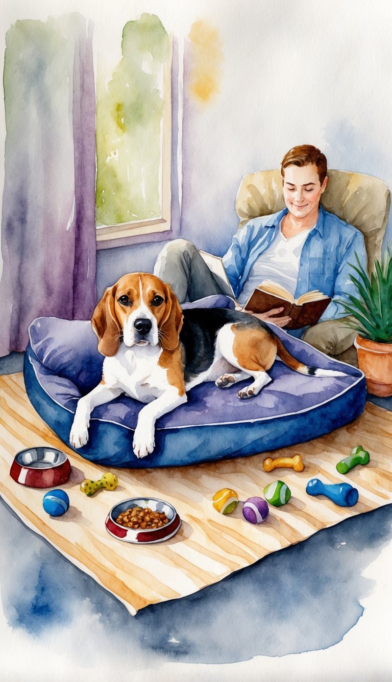 A beagle lounging in a cozy dog bed, surrounded by scattered toys and a food bowl. A relaxed owner sits nearby, reading a book