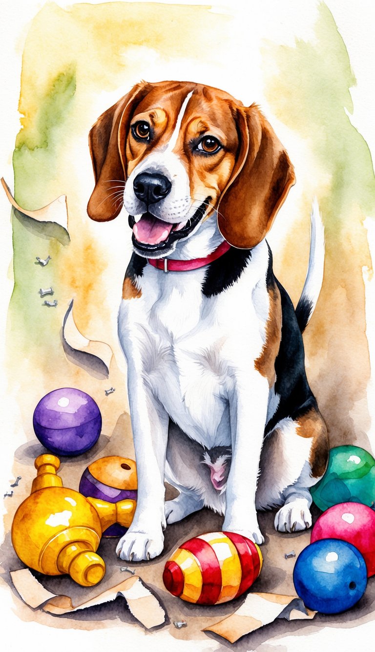 A beagle with a mischievous grin surrounded by scattered toys and torn paper, while wagging its tail