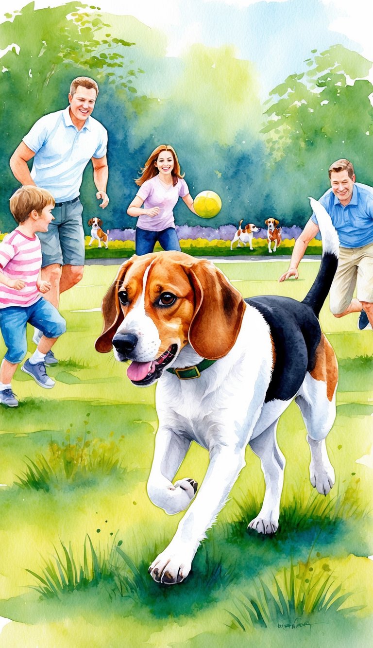 A beagle running through a park, ears flapping, tail wagging. A family plays fetch, while others struggle to keep up with the energetic pup