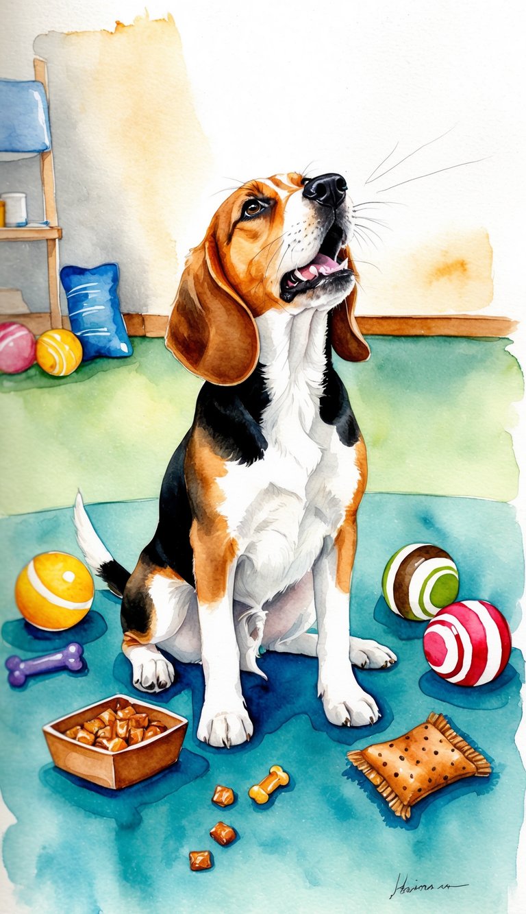 A beagle howling in a training class, surrounded by toys and treats