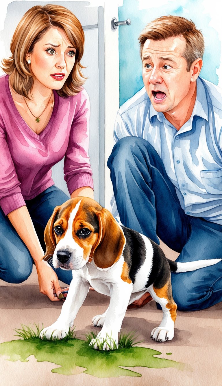 A beagle puppy peeing on the carpet while the owner looks frustrated