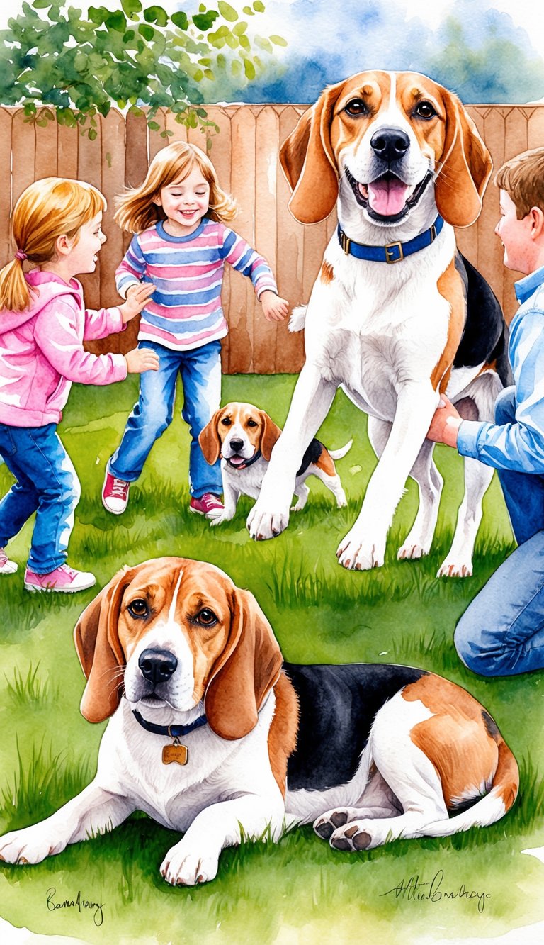 A happy Beagle playing with children in a backyard, while another Beagle rests peacefully at the feet of its owner