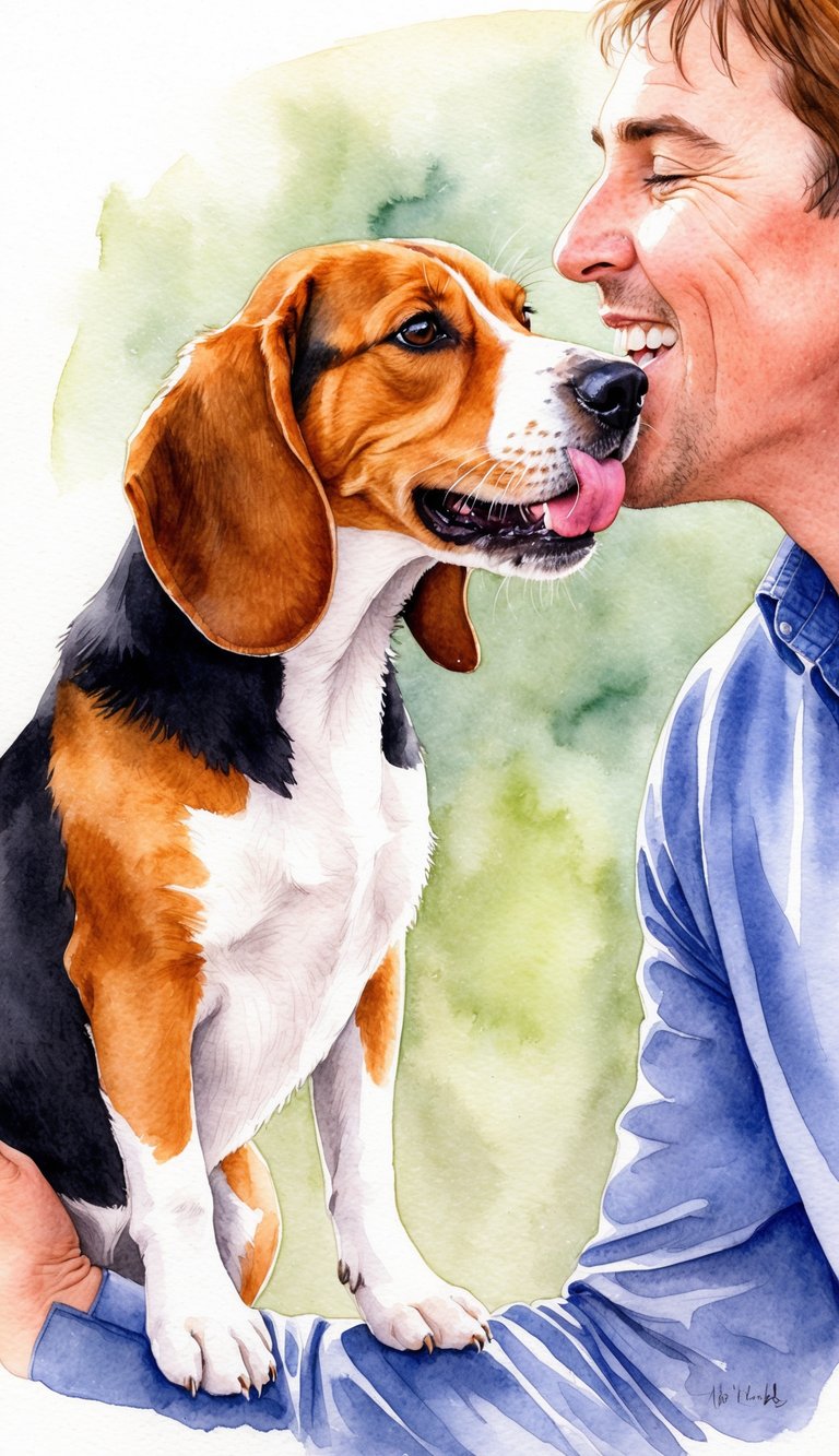 A Beagle nuzzling and licking its owner's face while wagging its tail enthusiastically