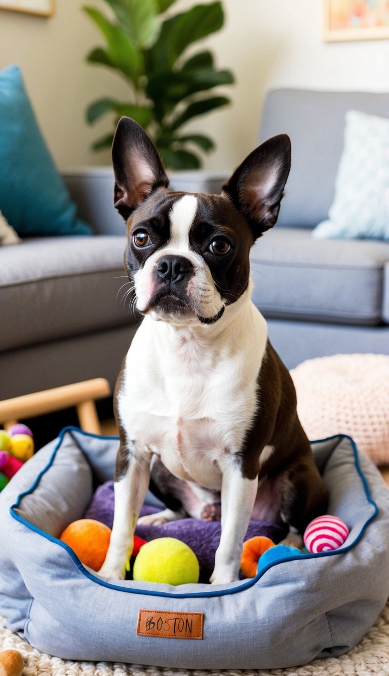 A Boston Terrier sitting in a cozy living room, surrounded by toys and a comfy bed. The dog looks content, with a wagging tail and bright, alert eyes