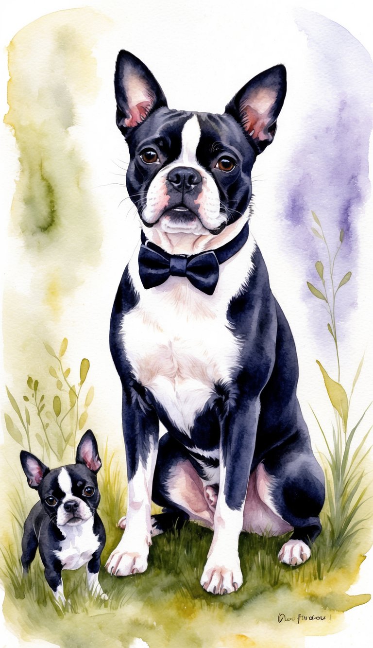 A Boston Terrier wearing a distinctive tuxedo coat, surrounded by a mix of playful and calm behavior
