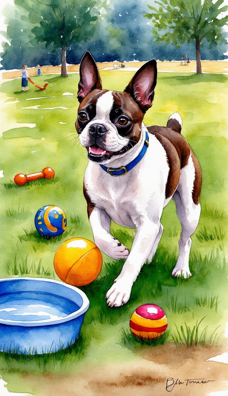A Boston Terrier playing in a park, surrounded by toys and a water bowl