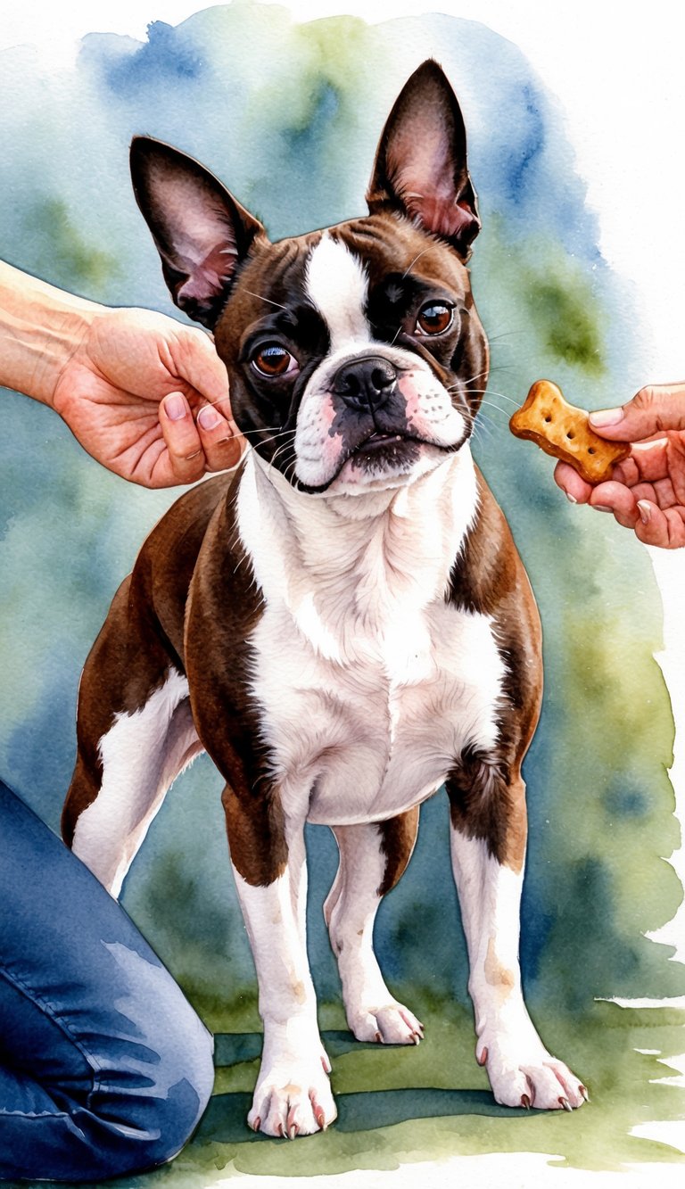 A Boston Terrier refusing to move, standing with a determined look on its face, while its owner tries to coax it with a treat