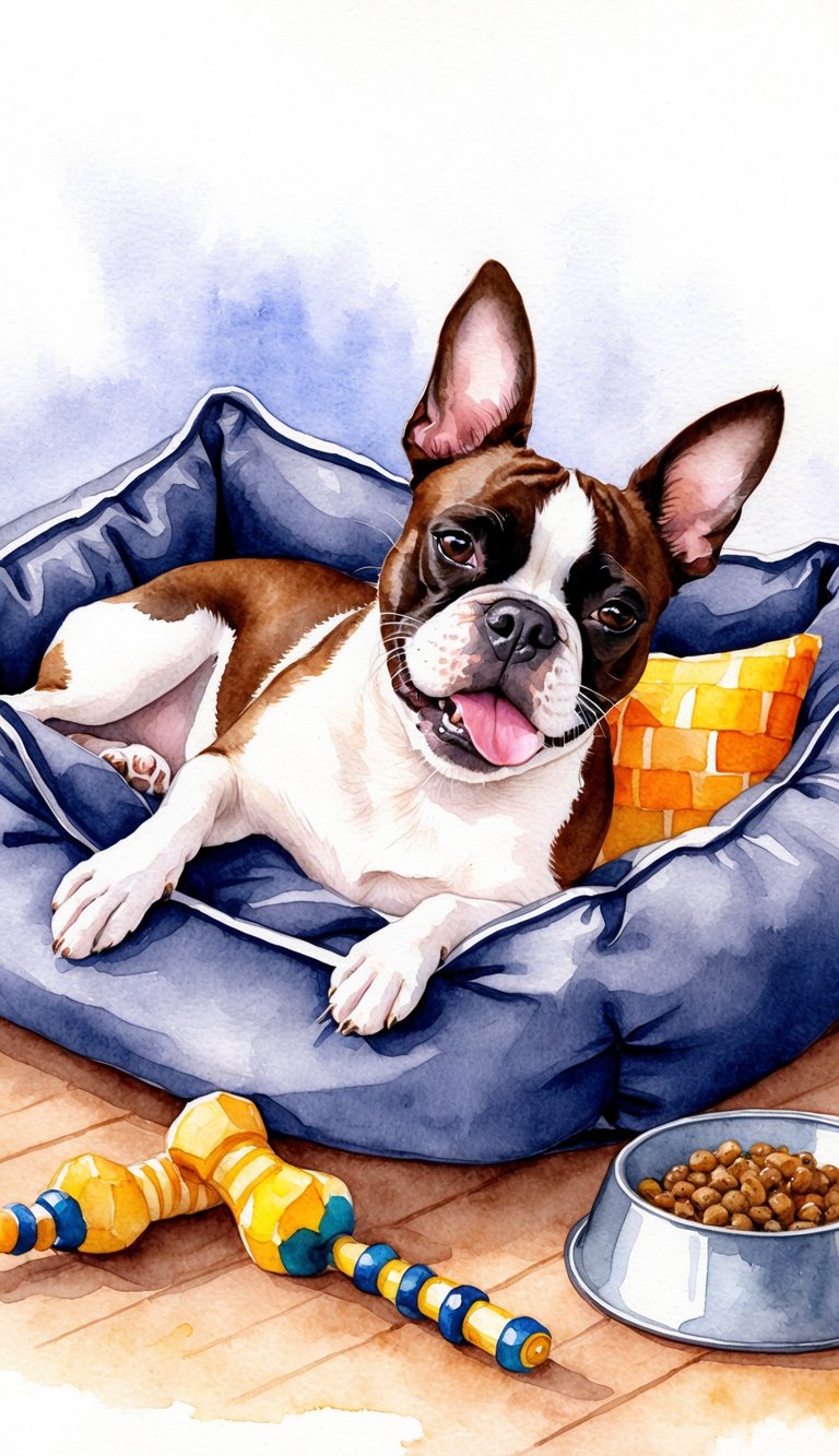 A Boston Terrier snoring and wheezing while lounging on a cozy dog bed, surrounded by chew toys and a food bowl