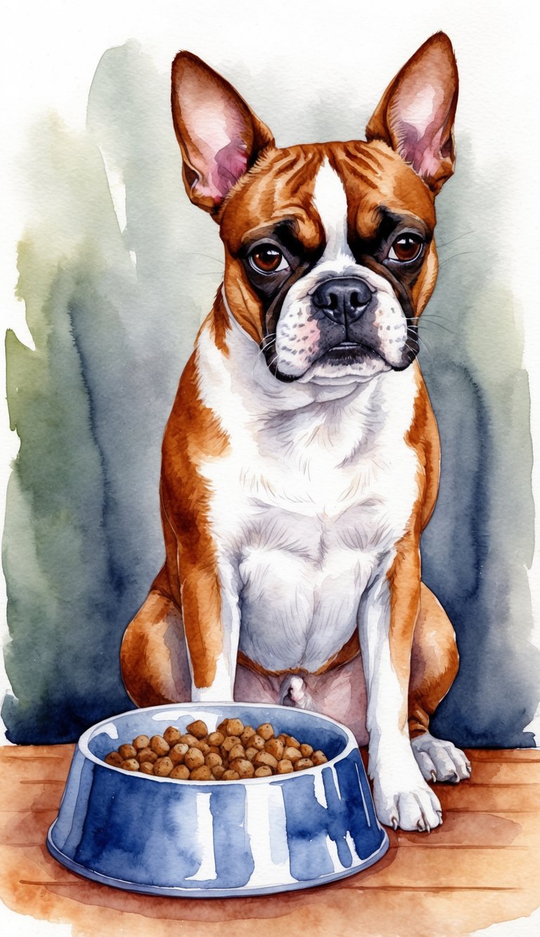 A Boston Terrier sitting next to a bowl of food, with a concerned expression and a slightly upset stomach