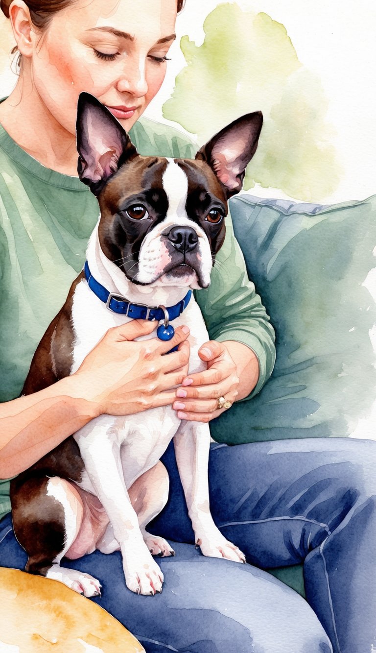 A Boston Terrier sits calmly beside a person, providing comfort and support
