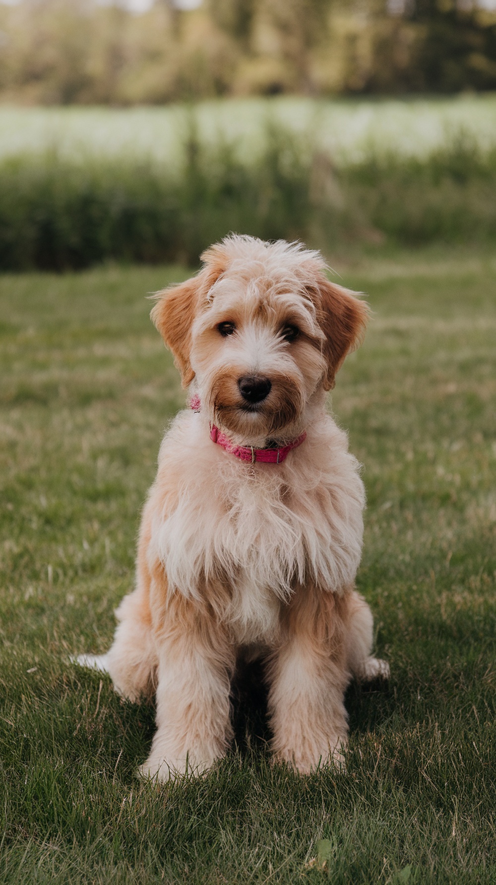 A Labradoodle puppy sitting on grass with a playful expression.