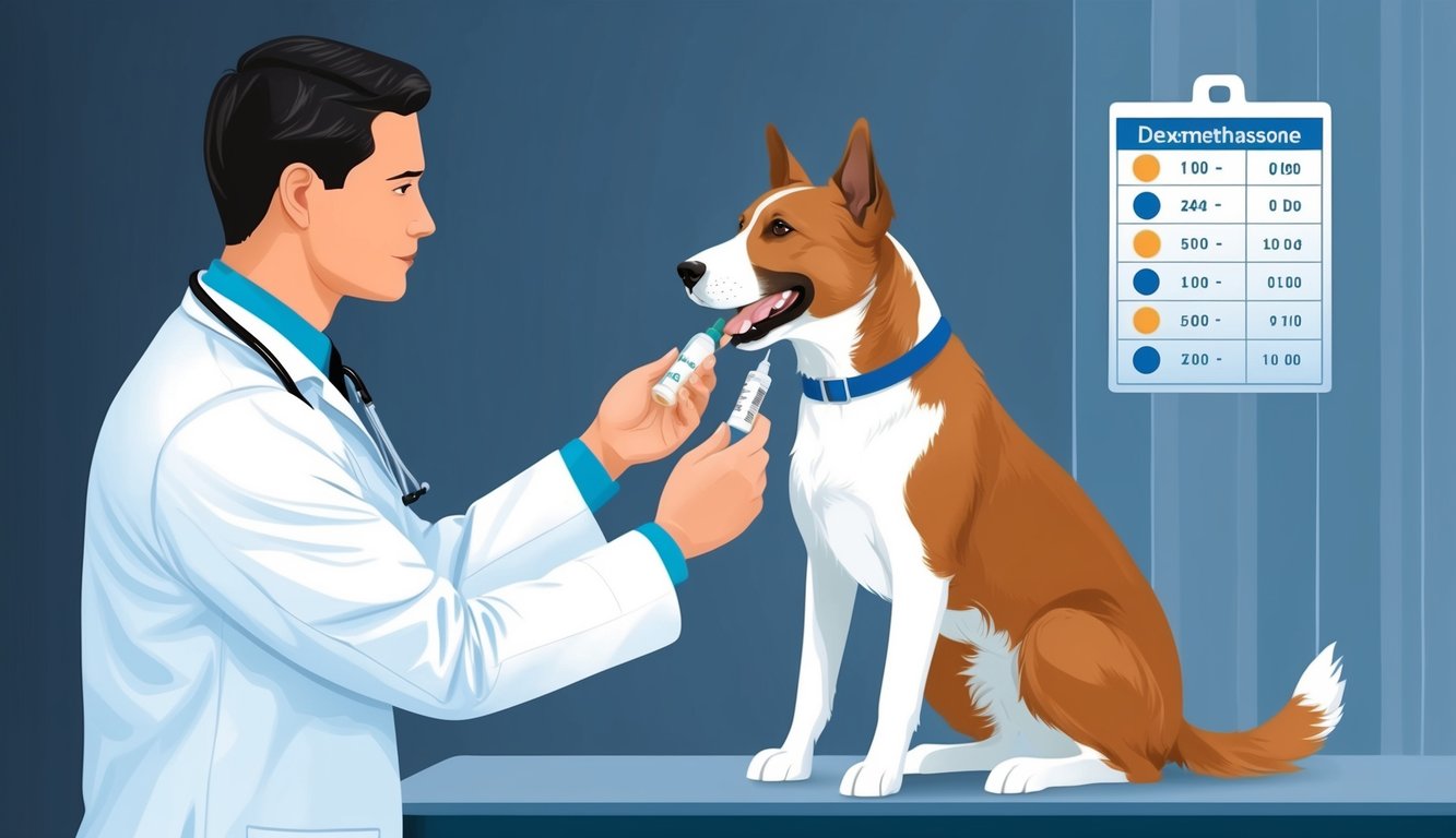 A veterinarian administers dexamethasone injection to a dog, following dosage chart