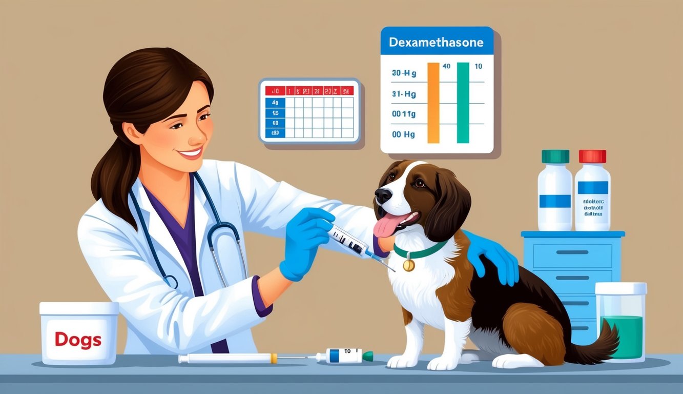 A veterinarian administering dexamethasone injection to a dog, with a dosage chart and medical supplies in the background