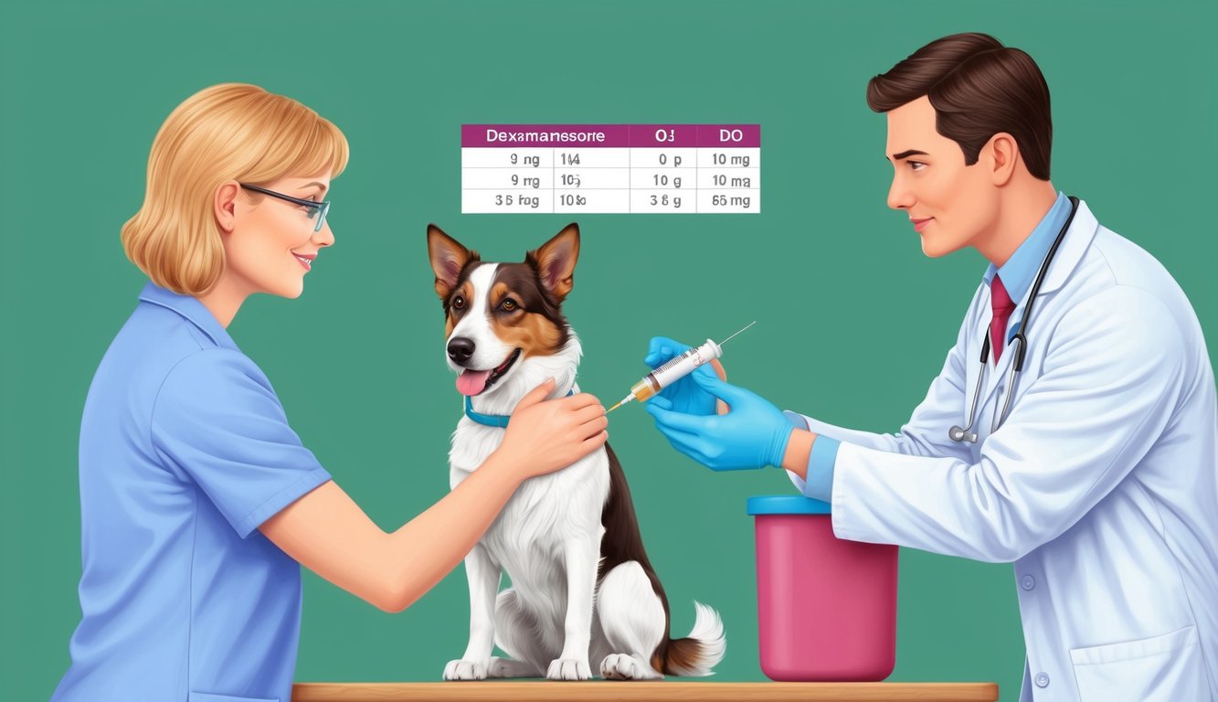 A veterinarian administering dexamethasone injection to a dog based on a dosage chart