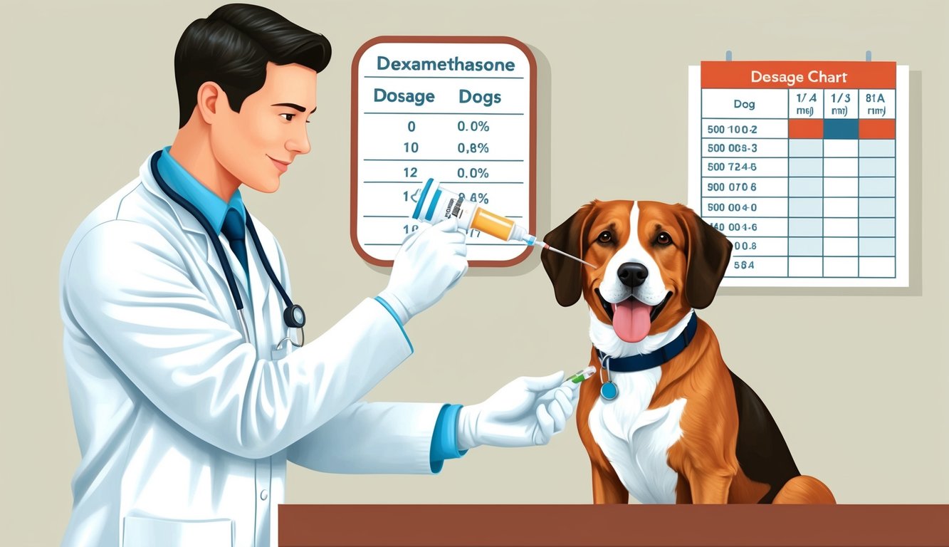 A veterinarian administering dexamethasone injection to a dog, with dosage chart in the background