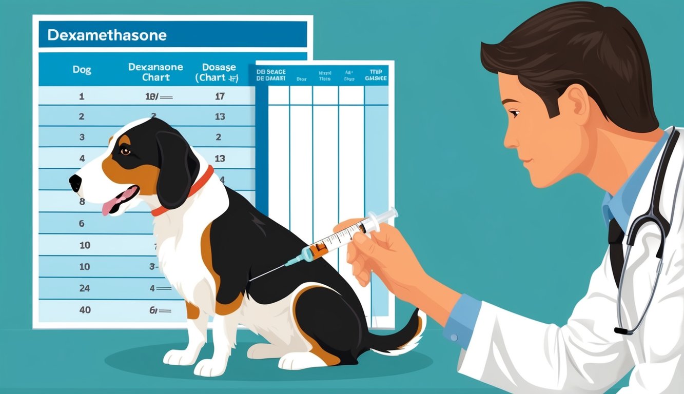 A veterinarian administering a dexamethasone injection to a dog, referencing a dosage chart