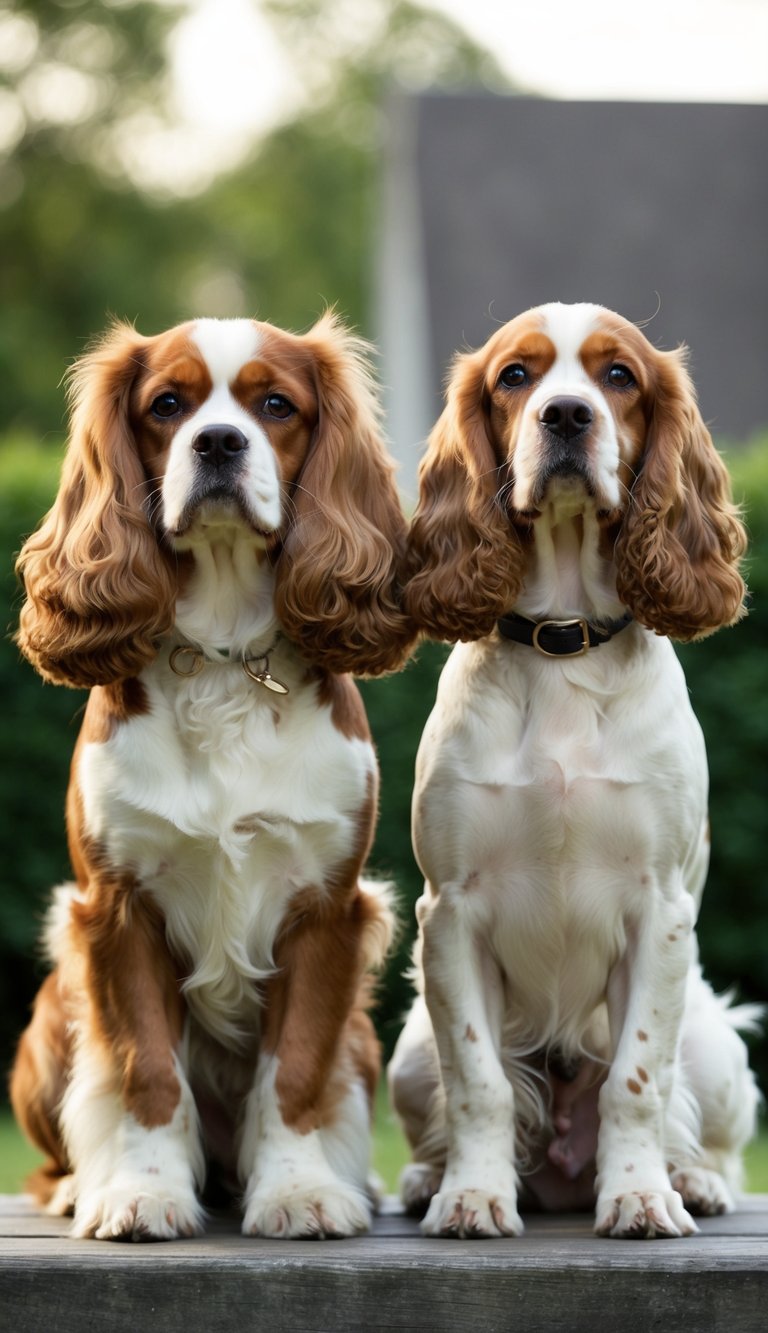 Two elegant spaniels stand side by side, showcasing their distinct features. The Cavalier King Charles Spaniel exudes grace and refinement, while the American Cocker Spaniel exudes confidence and energy