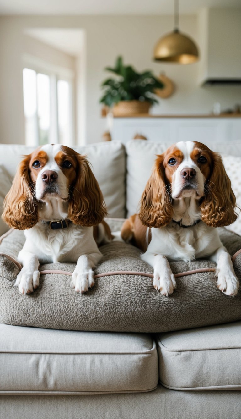 Two spaniels in a cozy living room, one in a plush dog bed and the other on a soft couch. Both dogs appear content and adaptable to their surroundings