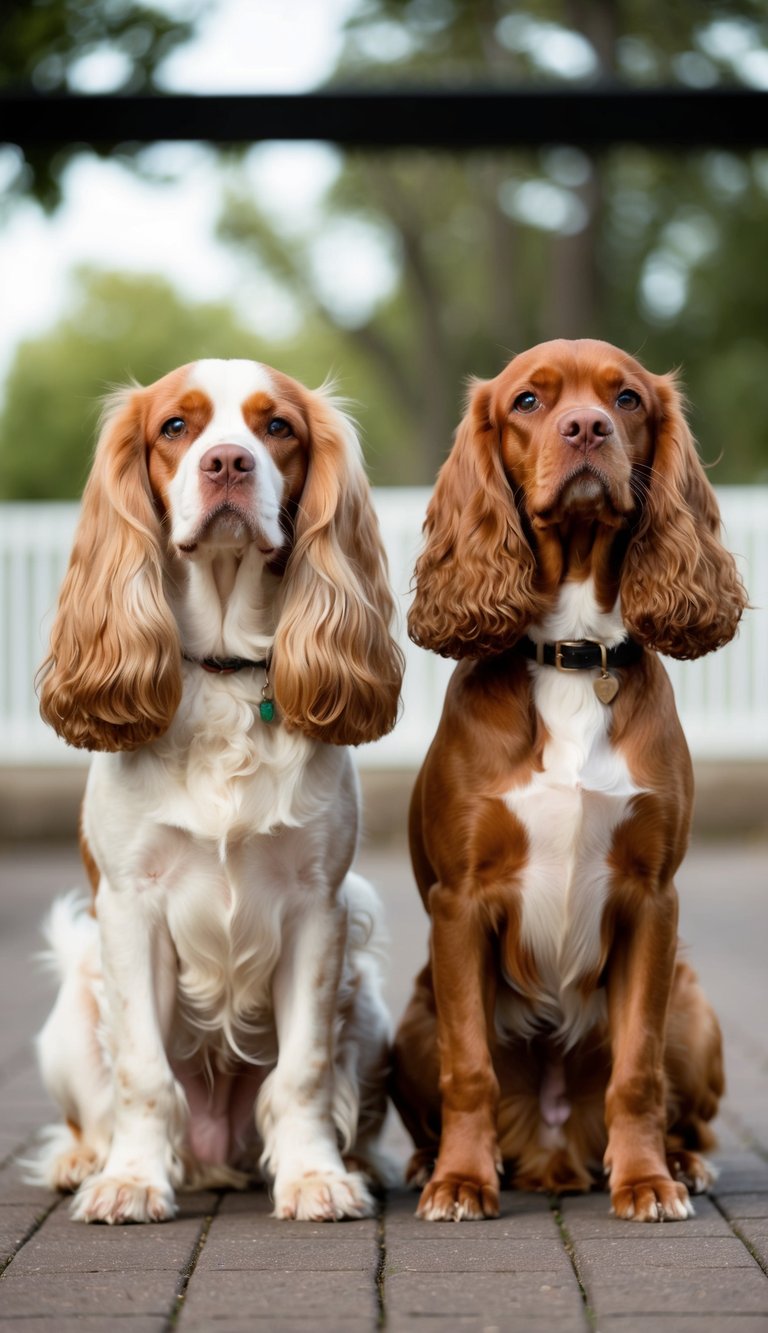 Two elegant spaniels stand side by side, one with a flowing coat and long ears, the other with a shorter, more compact build. They exude confidence and charm, each vying for attention and recognition