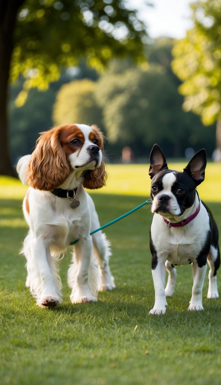 Two dogs, a Cavalier King Charles Spaniel and a Boston Terrier, interact in a park setting, engaging in training and socialization activities