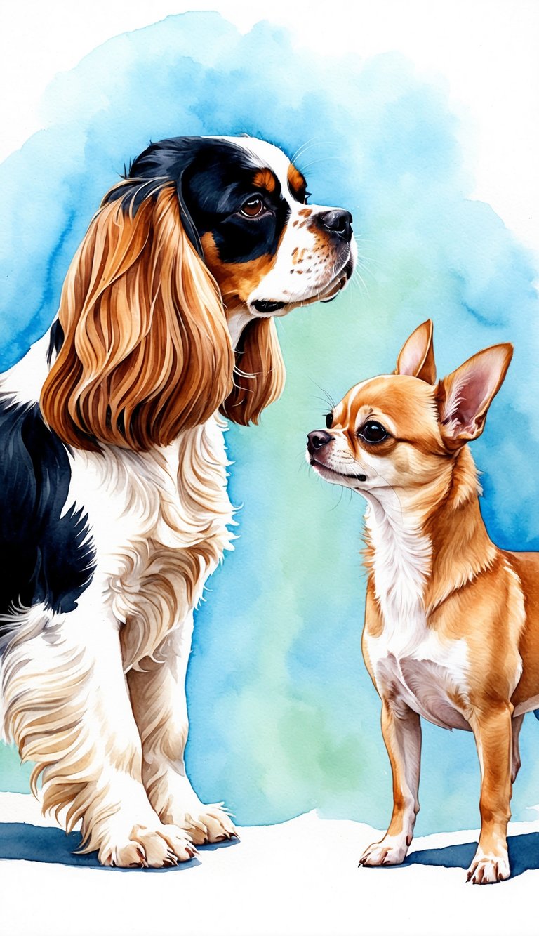 A Cavalier King Charles Spaniel and a Chihuahua stand facing each other, showcasing their distinct features and size difference