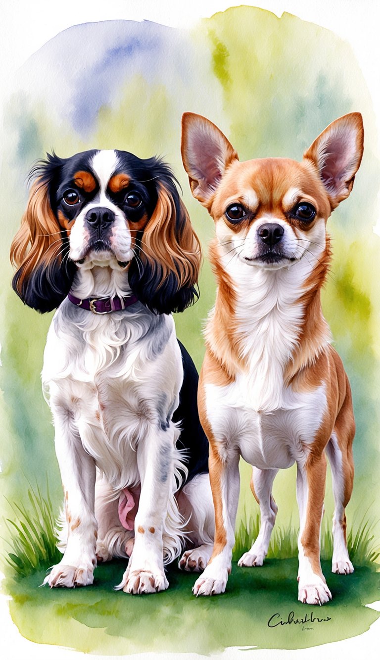 A Cavalier King Charles Spaniel and a Chihuahua stand side by side, showcasing their distinct features and size difference