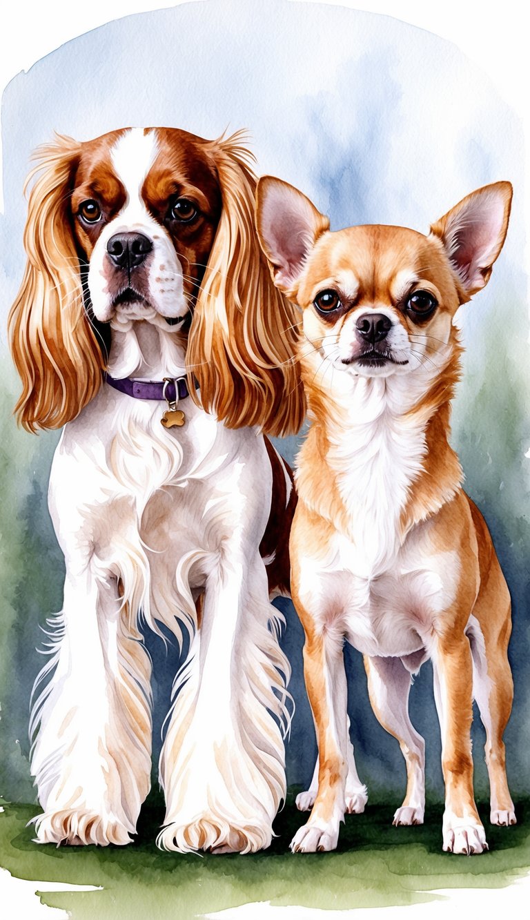 A Cavalier King Charles Spaniel and a Chihuahua stand side by side, showcasing their distinct physical characteristics. The Spaniel's long, silky fur contrasts with the Chihuahua's short, smooth coat