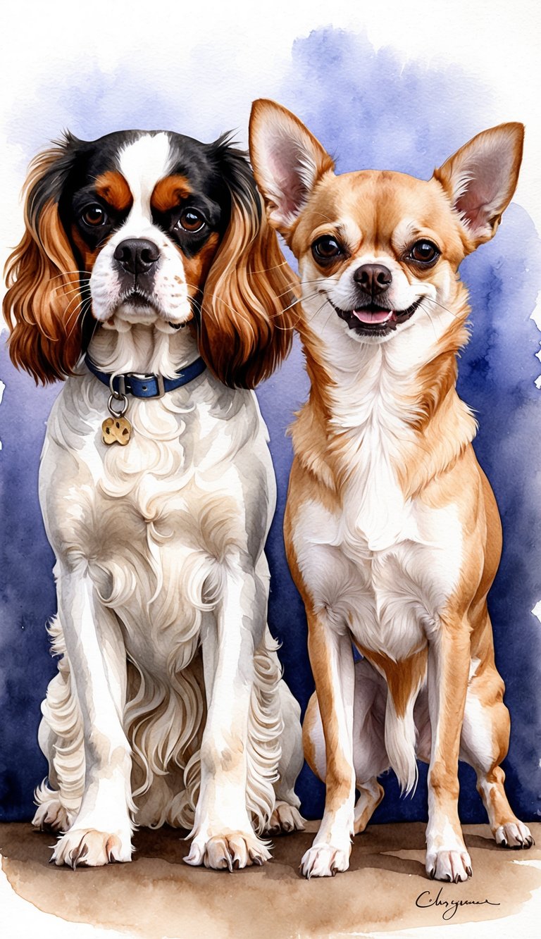 A Cavalier King Charles Spaniel and a Chihuahua stand side by side, the former exuding a gentle and calm demeanor while the latter displays a feisty and confident personality