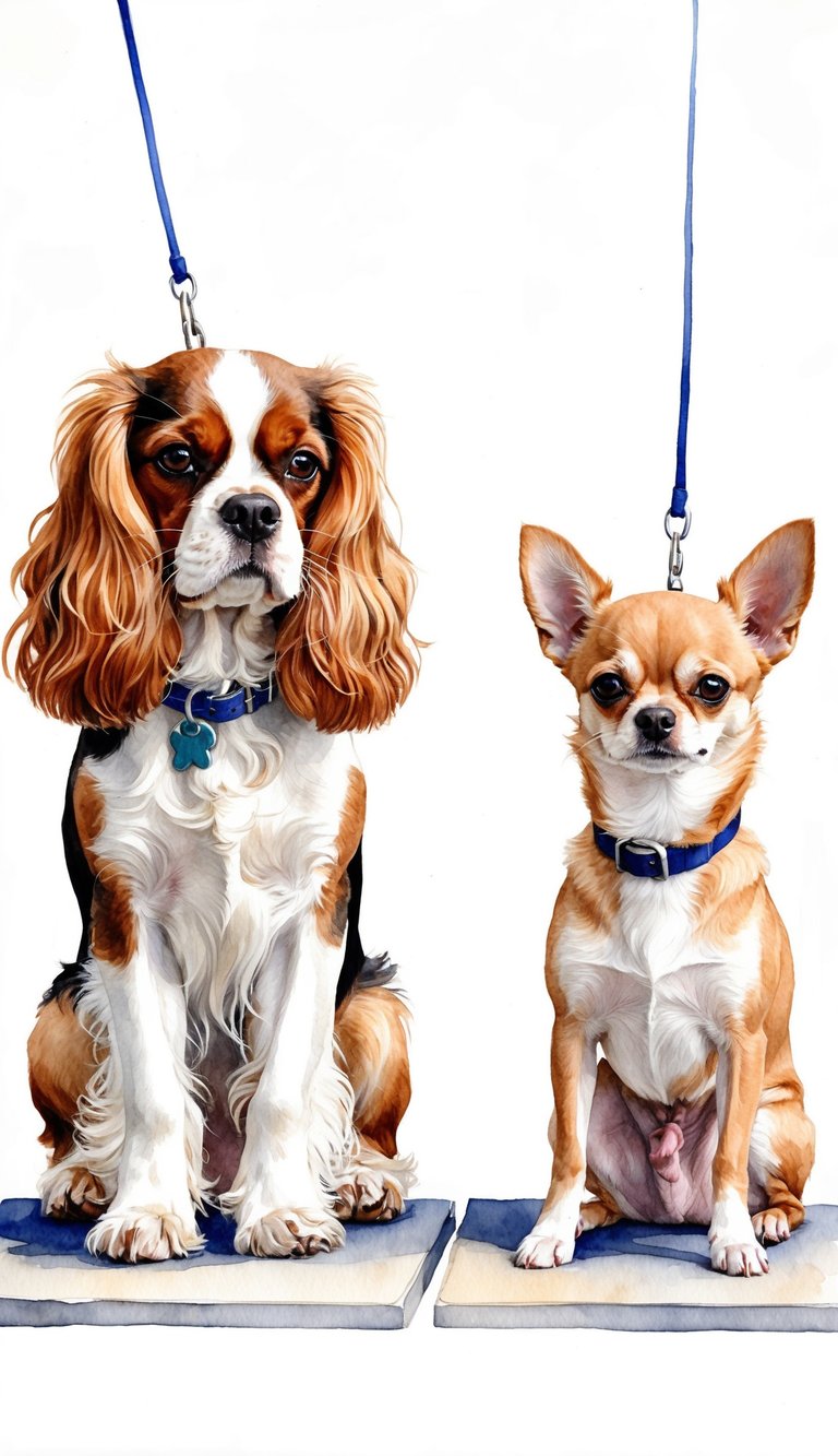 A Cavalier King Charles Spaniel and a Chihuahua sit side by side, engaging in a training session. The Spaniel displays intelligence, while the Chihuahua demonstrates its trainability