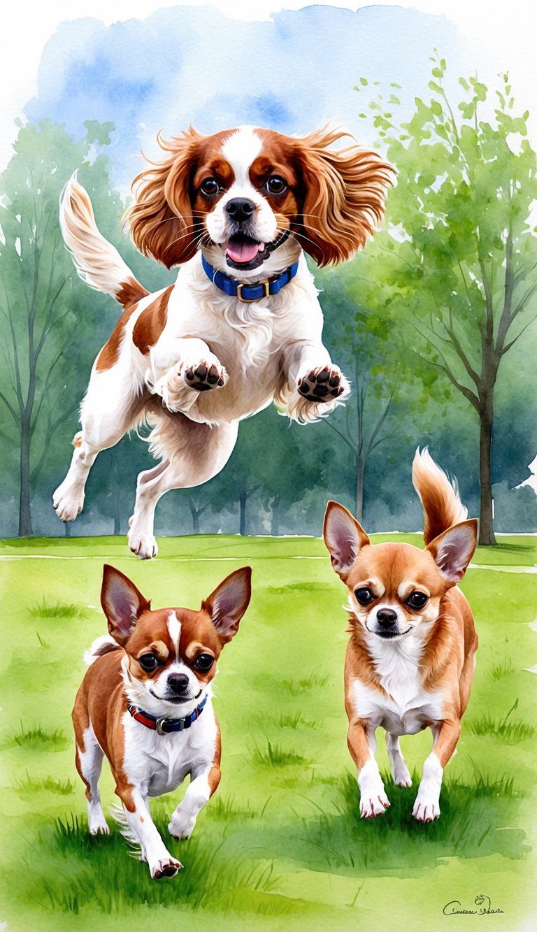 A Cavalier King Charles Spaniel and a Chihuahua playing energetically in a park, showcasing their different exercise needs and energy levels